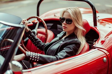 blondie young girl at the wheel sport car - obrazy, fototapety, plakaty