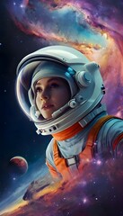 Galactic Elegance: Astronaut Woman Floating in Space with Andromeda Galaxy