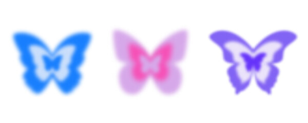 Naklejka premium Y2k aura butterfly. Blurred gradient sticker. Holographic aesthetic groovy elements on white background. Soft neon retro figures. Vector collection.