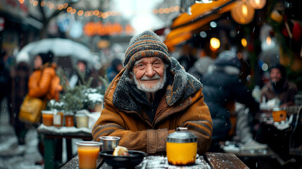 Witnessing hope in an elderly man at a street food stand - obrazy, fototapety, plakaty
