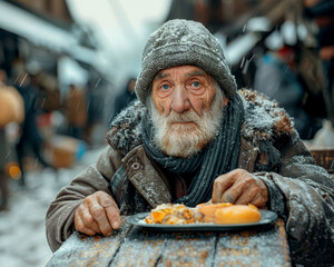 Reflections of a homeless senior at a street kitchen - obrazy, fototapety, plakaty