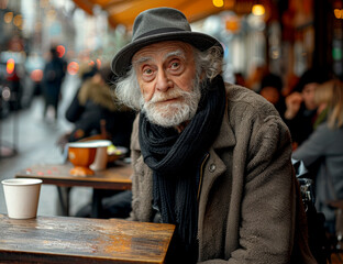 An old man's journey at a community canteen - obrazy, fototapety, plakaty