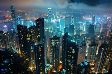 A mesmerizing cityscape at night, with towering skyscrapers
