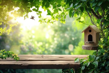 Birdhouse on wooden table with nature bokeh background - obrazy, fototapety, plakaty