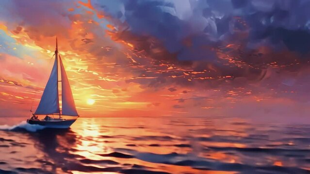 A Lone Sail Chases the Golden Horizon At Sunset, Generative AI
