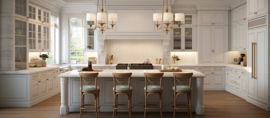 Classic kitchen with white cabinetry and appliances in frontal perspective. - obrazy, fototapety, plakaty
