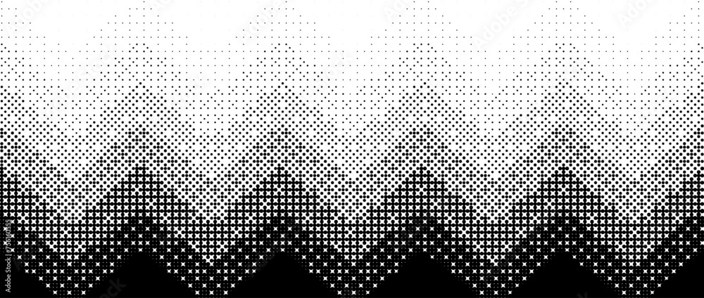 Aufkleber Pixelated zig zag line gradient texture. Black dithered gradation background. Retro bitmap video game wallpaper. Vintage pixel halftone 8 bit overlay print. Vector zigzag striped fading backdrop