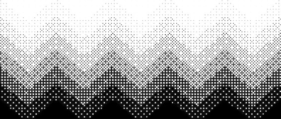 Pixelated zig zag line gradient texture. Black dithered gradation background. Retro bitmap video game wallpaper. Vintage pixel halftone 8 bit overlay print. Vector zigzag striped fading backdrop - obrazy, fototapety, plakaty