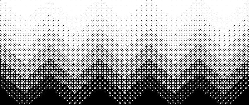 Pixelated zig zag line gradient texture. Black dithered gradation background. Retro bitmap video game wallpaper. Vintage pixel halftone 8 bit overlay print. Vector zigzag striped fading backdrop
