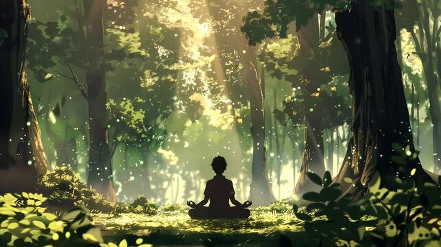Silhouette of boy meditation deep in the forest. Fantasy landscape anime or cartoon style, looping 4k video animation background