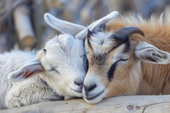 child goat sleeping beside mother goat
