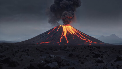 Volcano mountain eruption at twilight with huge billowing black smoke clouds and red hot lava flowing down into barren rocky magma landscape.