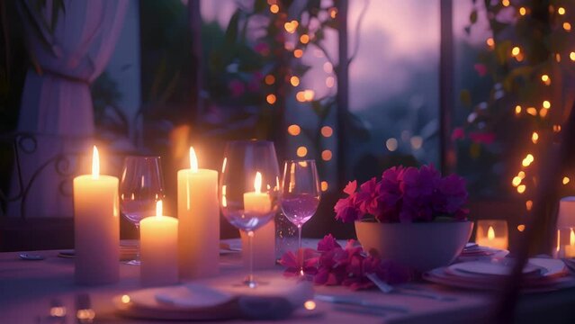 A candlelit dinner for two with a beautifully set table and flickering candles creating a cozy and romantic ambiance for a Valentines Day celebration.
