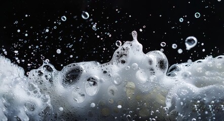 detergent foam and bubbles on black background, soap bubbles and foam - obrazy, fototapety, plakaty