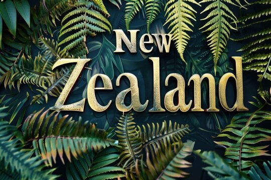 lettering "New Zealand" Country. Written. Fern. Greenery