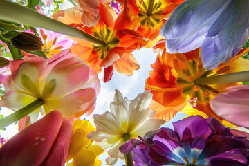 A burst of colorful spring flowers revealing intricate details and patterns