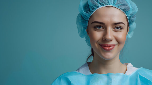 A happy and confidence female surgeon wearing blue scrub suits is smiling and posing for a picture on plain green background. Close-up of a white medical professional is wearing a mask and gloves.