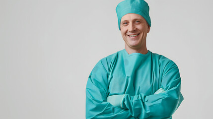 A happy and confidence male surgeon wearing green scrub suits is smiling and posing for a picture on plain gray background. A senior white medical professional is wearing a mask.