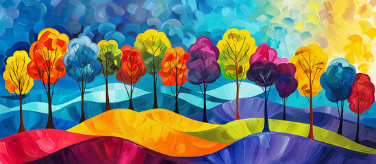 Fototapeta premium Colorful illustration of trees. Watercolor art. Horizontal panorama