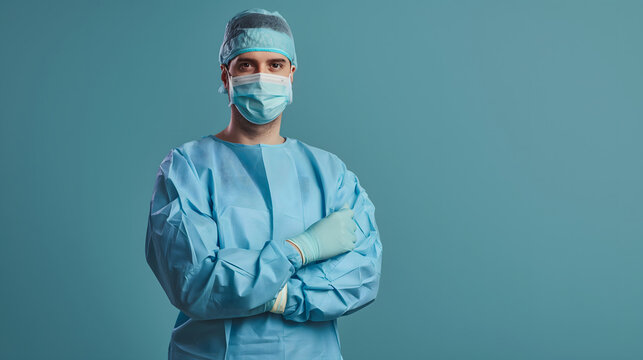 A serious and confidence male surgeon wearing blue scrub suits is smiling and posing for a picture on plain green background. A white medical professional is wearing a mask.