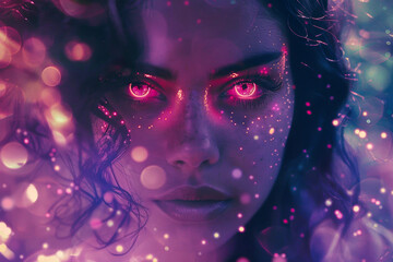 Neon aesthetic portrait of womanwith foxy eyes.  Model and magic universe.