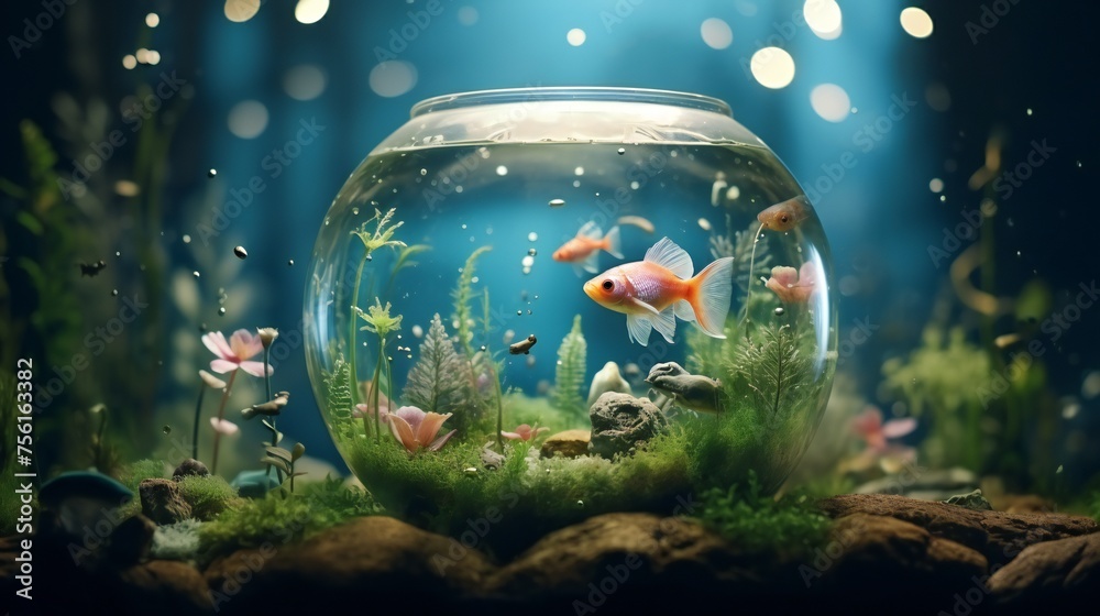 Wall mural Clean background and cinematic lighting create a captivating scene in a fishbowl collage, featuring a mix of realistic and fantastical elements.