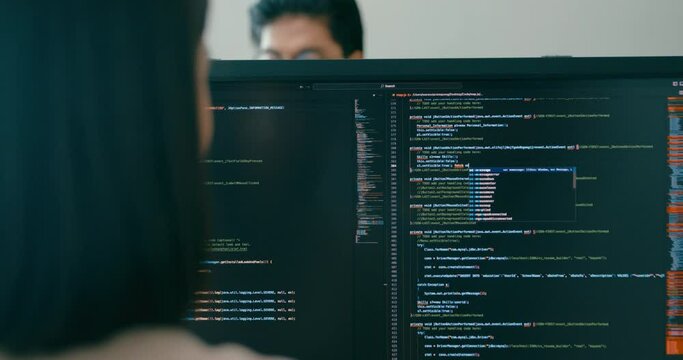 Closeup Adult Asia female freelance typing write prompt AI bot IT app smart program nomad, video game, terminal with coding language, user interface, designer, big data center on desktop computer.