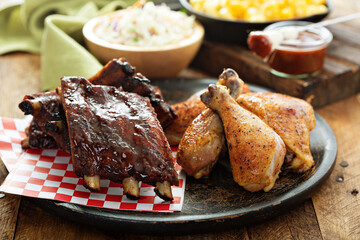 Grilled or smoked ribs and chicken - obrazy, fototapety, plakaty