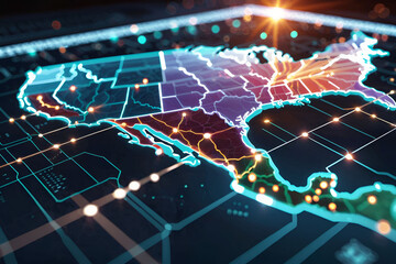 Digital map of North America, concept of USA global network and connection, data transfer and cyber technology, information exchange and telecommunication. Generative AI - obrazy, fototapety, plakaty