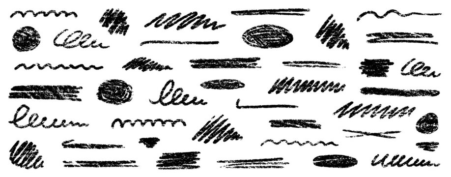 Chalk brush underline stroke set. Crayon marker highlight scribble stroke. Vector hand drawn brush underline element set for accent, crayon texture emphasis element. Rough chalk vector illustration
