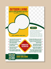 outdoor living flyer design template in vertical layout. flat yellow and green colors. commercial and residential brochure. white background lawn and garden services with space for photo collage.