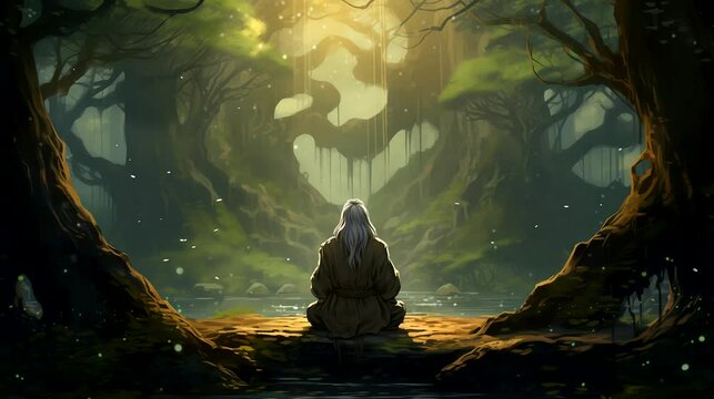 A hermit meditating with their back to the camera, deep in the forest. Fantasy landscape anime or cartoon style, looping 4k video animation background