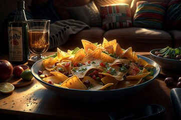Nachos with salsa and guacamole on wooden table
