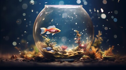 Mix of realism and fantasy in a fishbowl collage, with cinematic lighting creating a visually stunning composition and plenty of copy space.