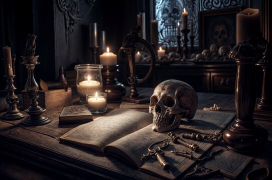 Still life with human skull, magic books and candlesticks. Halloween concept.