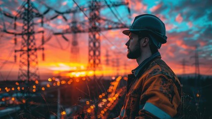 electrical engineer in helmet working at sunset near the tower with electricity