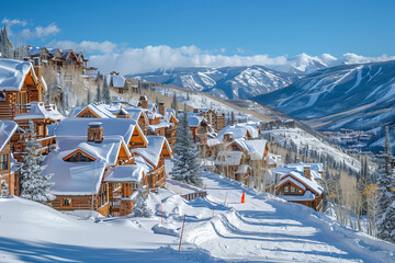 Wintertime mountain village and ski resort  - obrazy, fototapety, plakaty