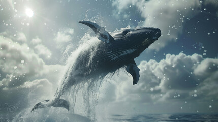 Whale jumping out of water - obrazy, fototapety, plakaty