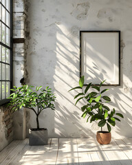 Room with plants in flowerpots, picture frame on wall. Cozy houseplant decor