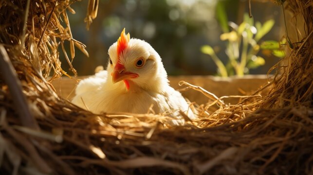 A chicken is sitting in a nest with eggs, raising chickens, a chicken coop. Agricultural industry.