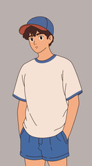 A young man wearing a baseball t-shirt and shorts, hands in his trouser pockets, character illustration design