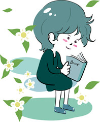 
girl reading book , flower