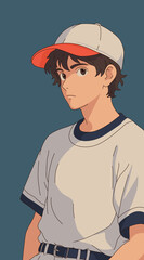 A young man wearing a baseball tee and hat, character illustration design