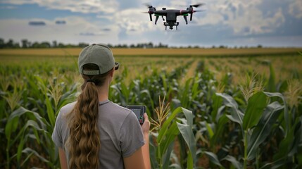 A woman with a remote control operating a drone in the maize field
