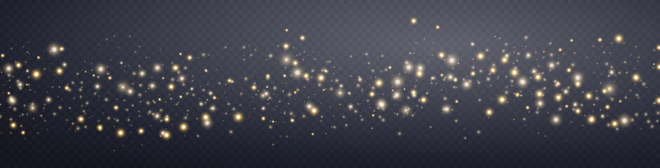 Gold glittering dots, particles, stars magic sparks and dust. Glow flare light effect. Gold luminous points. Vector particles on transparent background.