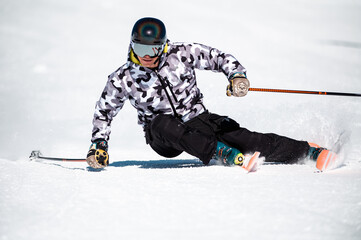 Expert skier on the slopes of Grandvalira in Andorra in Winter 2024