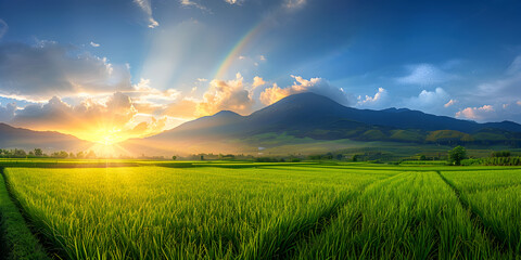 A large grassy area with the sun,The natural beauty of the countryside with rice fields when it grows green and blue mountains when the sun risesGreen fields in the rainy season and blue sky beautifu
