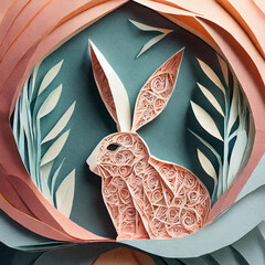 Cute intricate Easter bunny depicted in a folded and cut paper origami style sculpture - rabbit with eggs