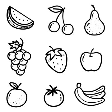 Abstract Doodle Hand Drawn Set, Black Thin Line Fruits in Vector illustration