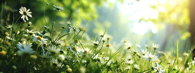 Wild daisy flower green and sun light.